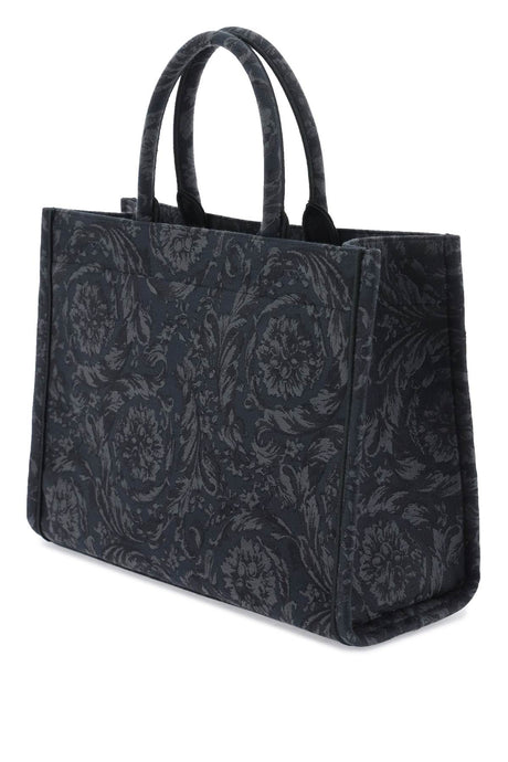 ATHENA Baroque Tote Handbag by Versace - Black Cotton Blend with '90s Vintage Logo