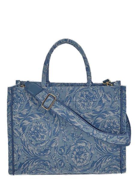 Túi Xách Tote Lớn Jacquard Thêu Màu Xanh Đậm Và Da Cho Nữ