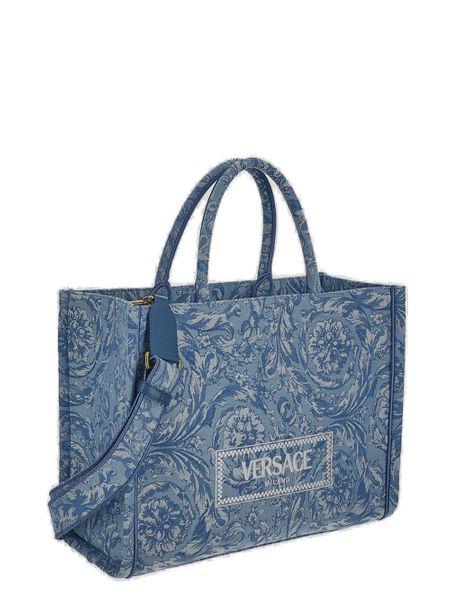 Túi Xách Tote Lớn Jacquard Thêu Màu Xanh Đậm Và Da Cho Nữ