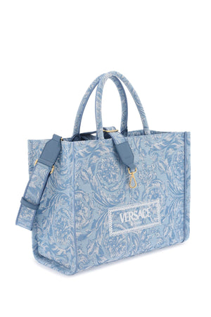 VERSACE Navy Blue Embroidered Jacquard & Leather Large Tote Bag for Women