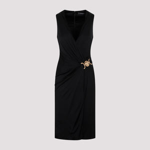 V-Neck Draped Black T-Shirt Dress for Women with Medusa '95 Detail