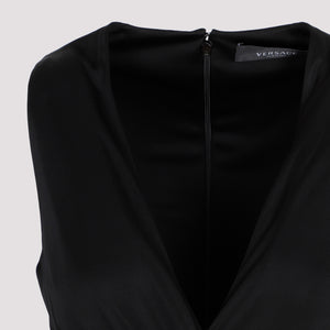 V-Neck Draped Black T-Shirt Dress for Women with Medusa '95 Detail