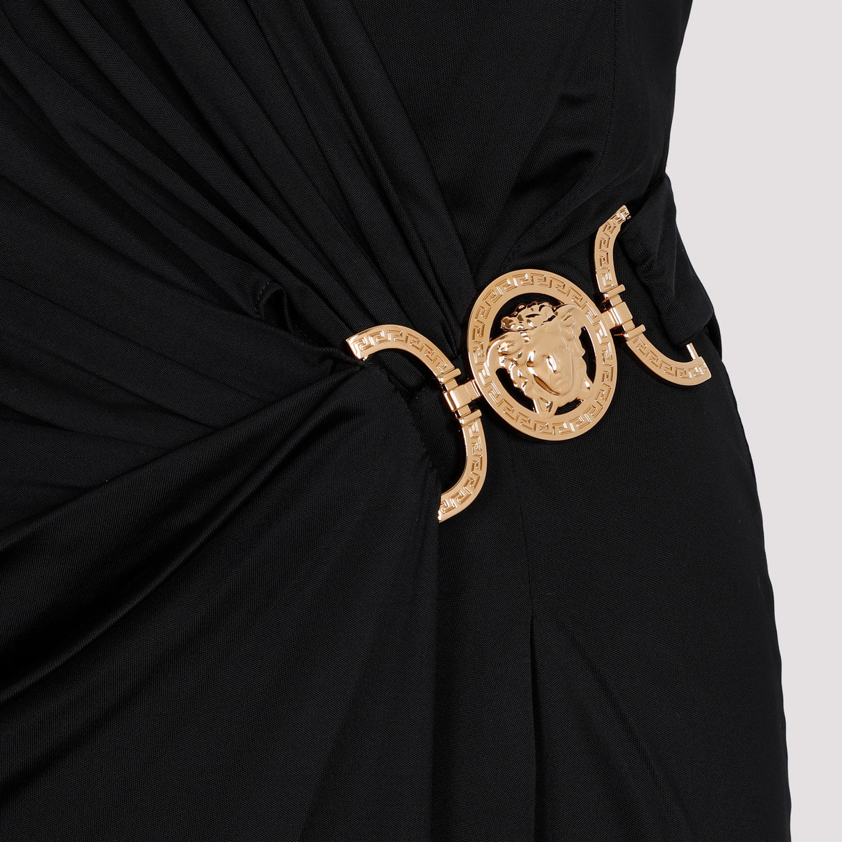 V-Neck Draped Black T-Shirt Dress for Women with Medusa '95 Detail