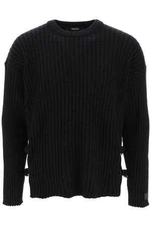 VERSACE Versatile Black Ribbed-Knit Men's Sweater with Leather Straps