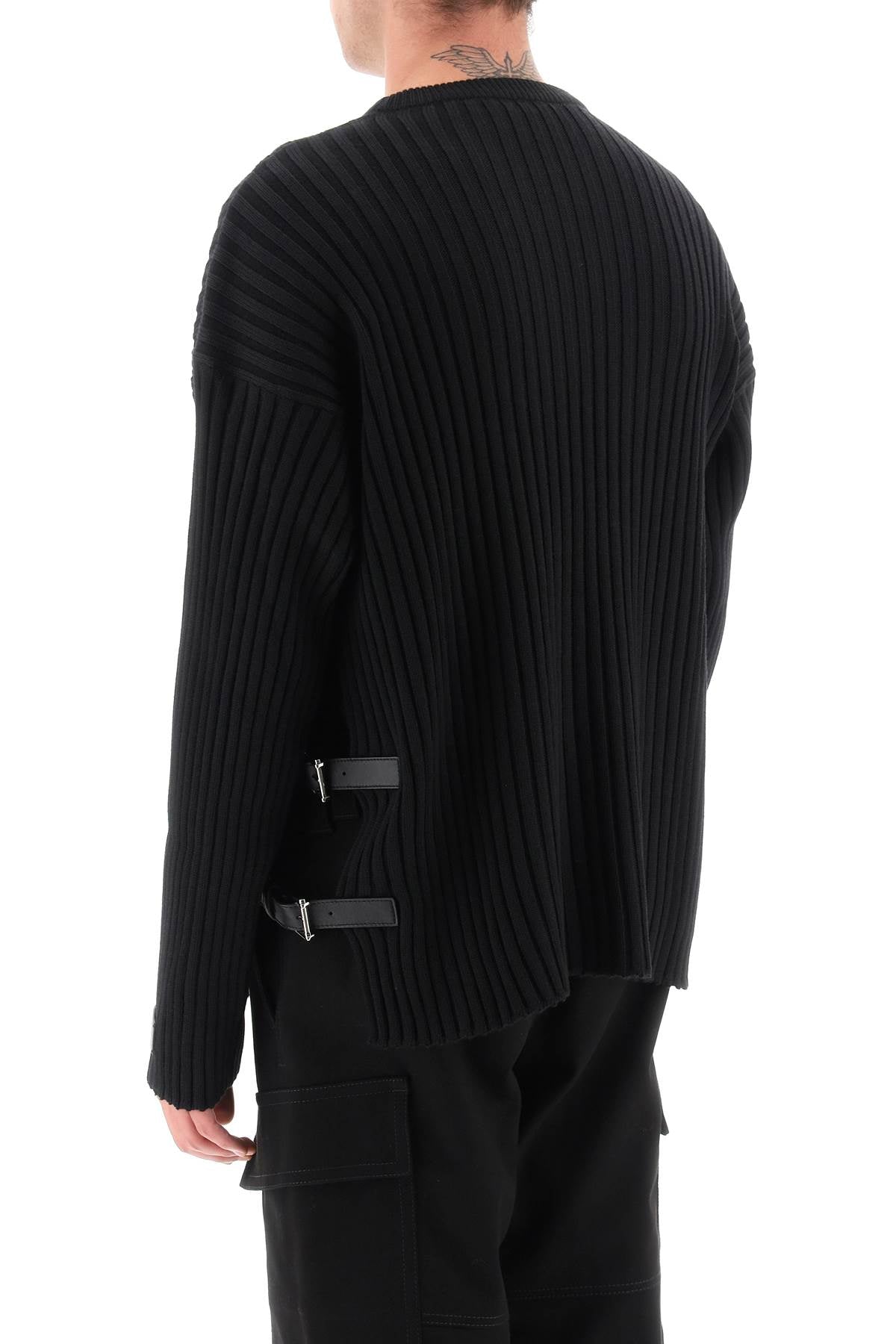 VERSACE Men's Black Wool Sweater with Side Buckle and Leather Details