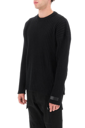 VERSACE Versatile Black Ribbed-Knit Men's Sweater with Leather Straps