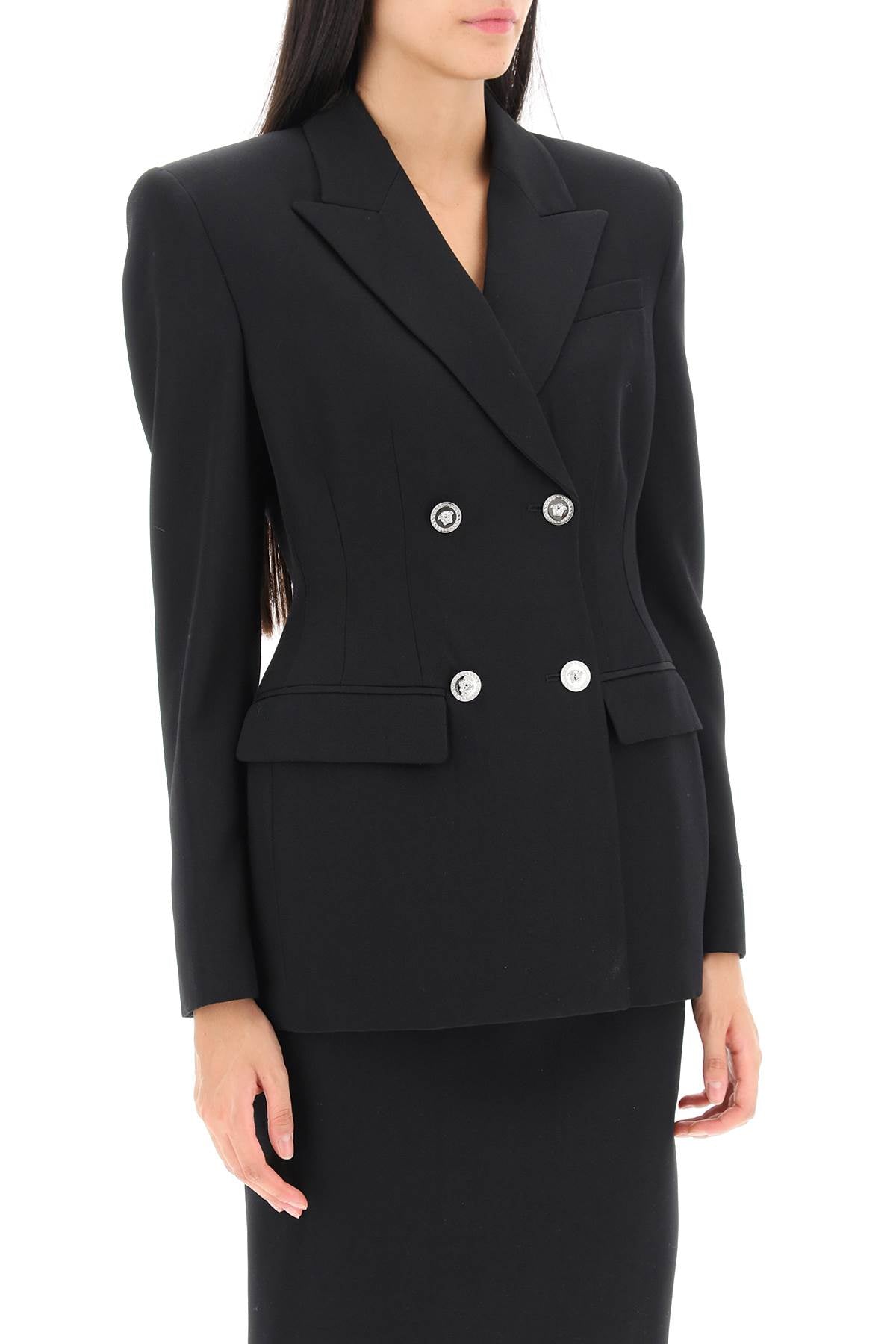 VERSACE Sculpted Hourglass Double-Breasted Blazer in Black for Women