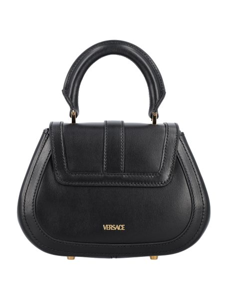 VERSACE Black Calfskin Mini Handbag with Gold-Tone Hardware and Adjustable Shoulder Strap (20x15x7.5 cm)