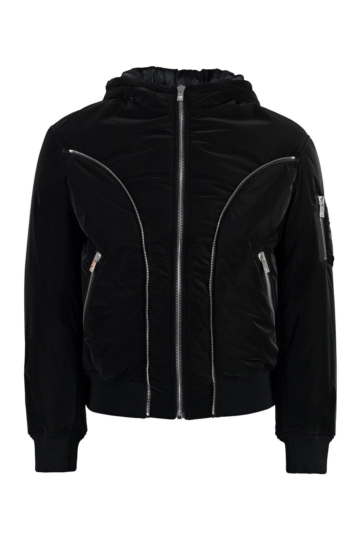 VERSACE Men's Black Hooded Jacket with Decorative Zippers and Adjustable Drawstring