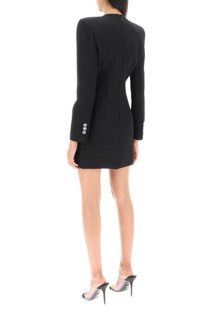 VERSACE Stylish Black Wool Dress with Logo Buttons and Padded Shoulders for Women