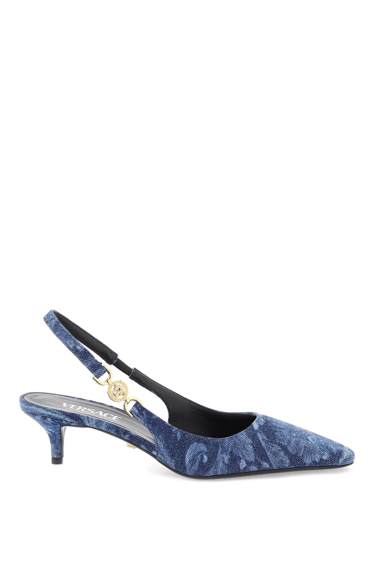 バロックデニムスリングバックパンプス-青、5センチヒール、100%コットン、SS24の女性用靴