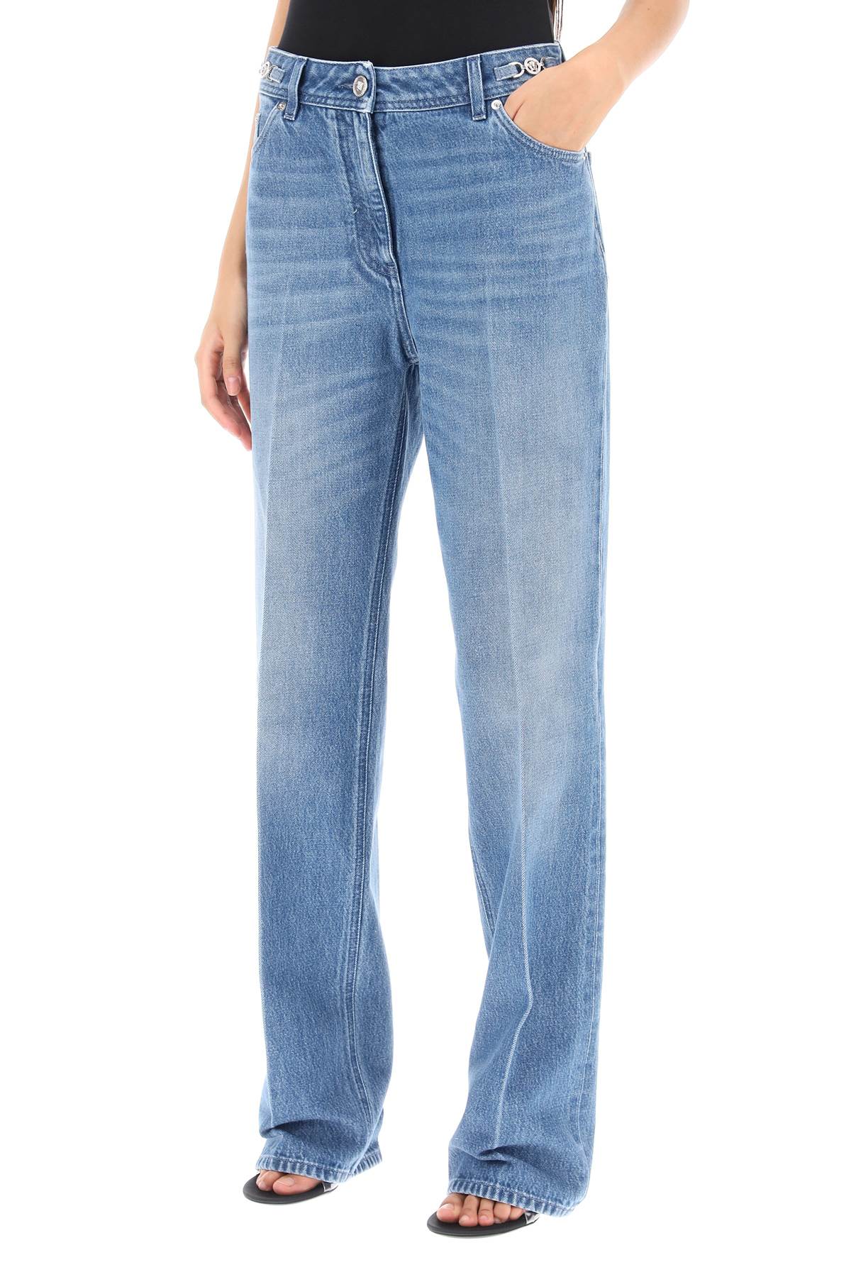 VERSACE Leather Trim Denim Boyfriend Jeans for Women - FW23