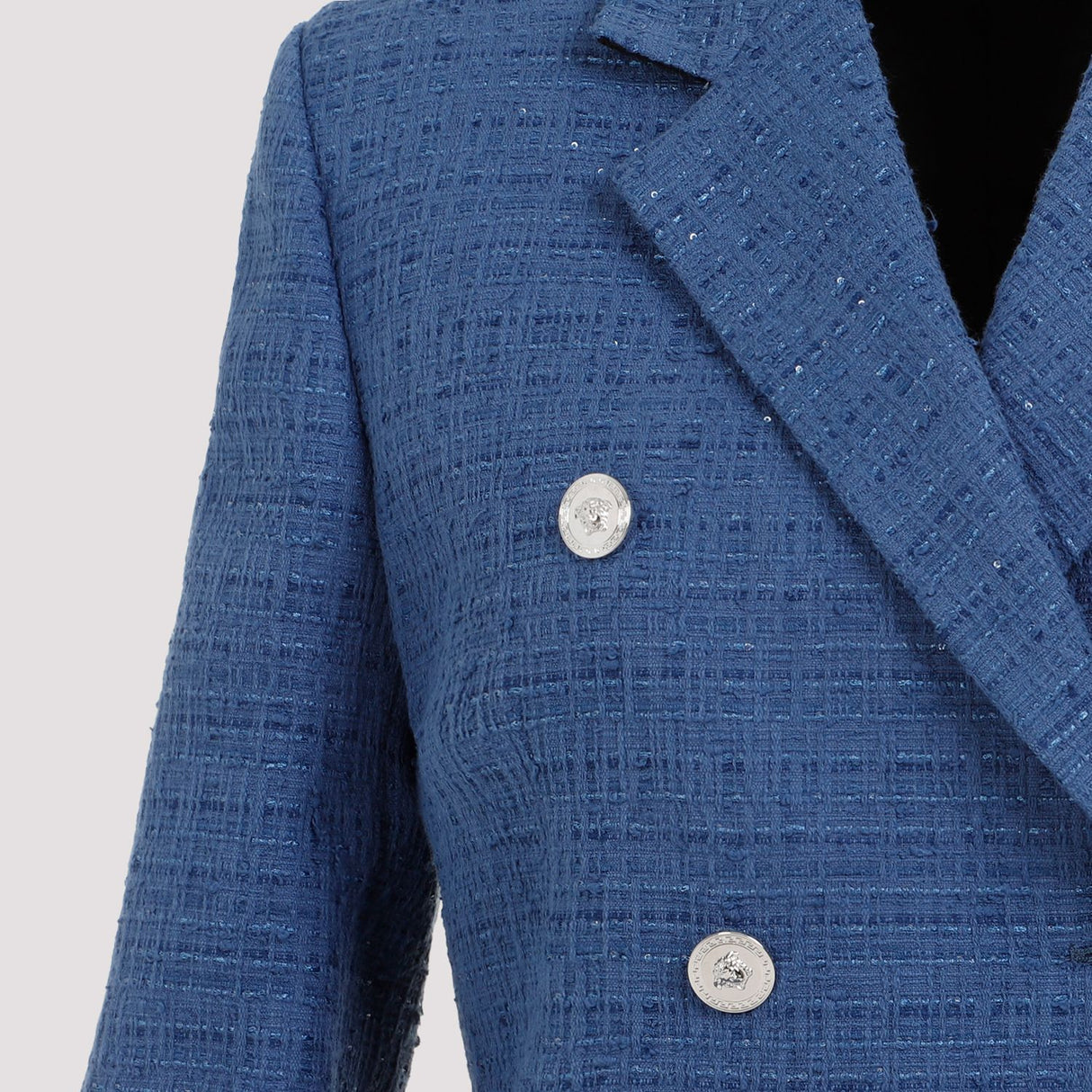 Blazer Bouclé Kẻ Sọc Nút Kép Màu Xanh Nhạt cho Nữ