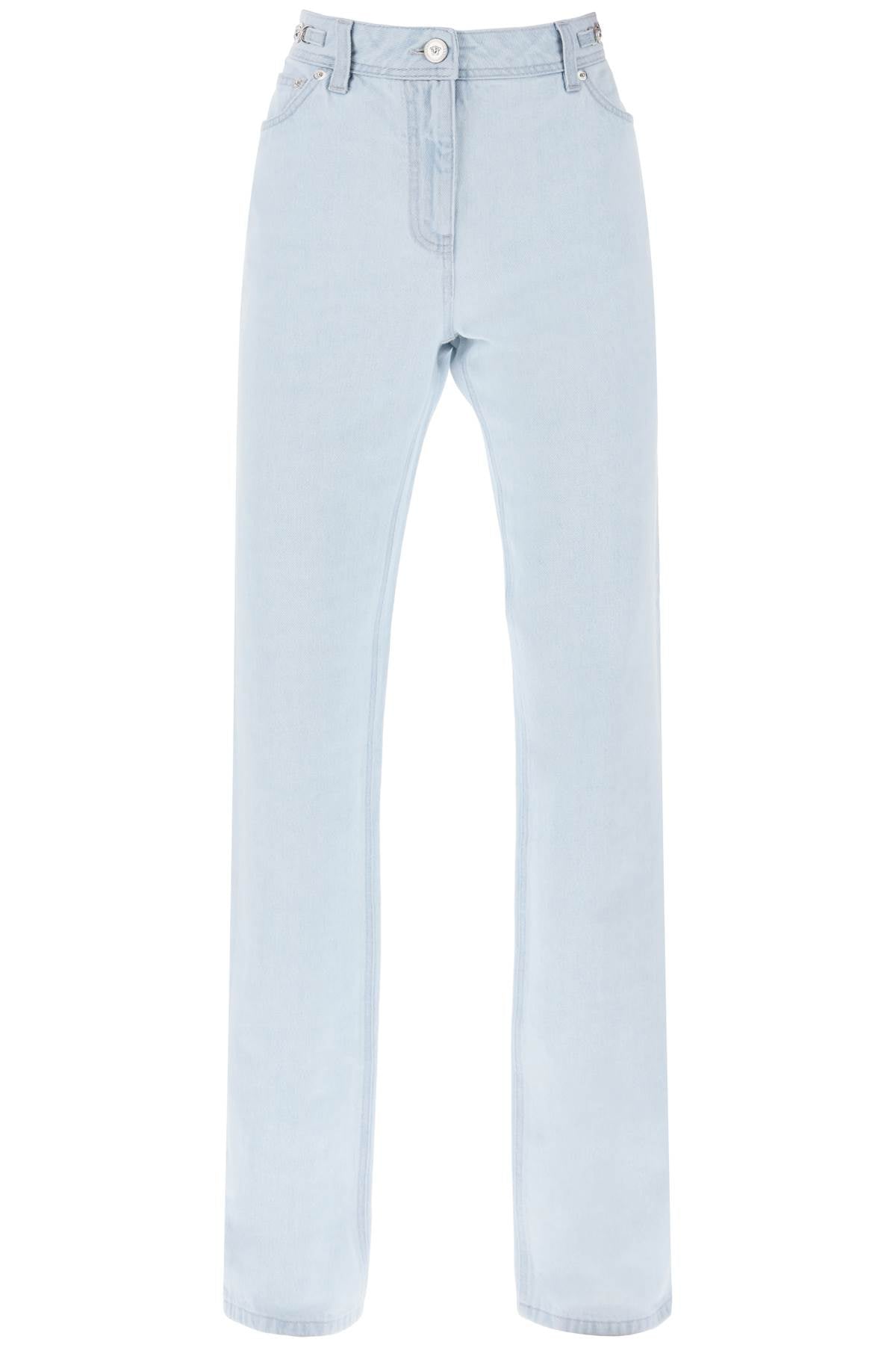 Light Blue High-Waisted Straight Cut Relaxed Fit Jeans with Silver Medusa Details