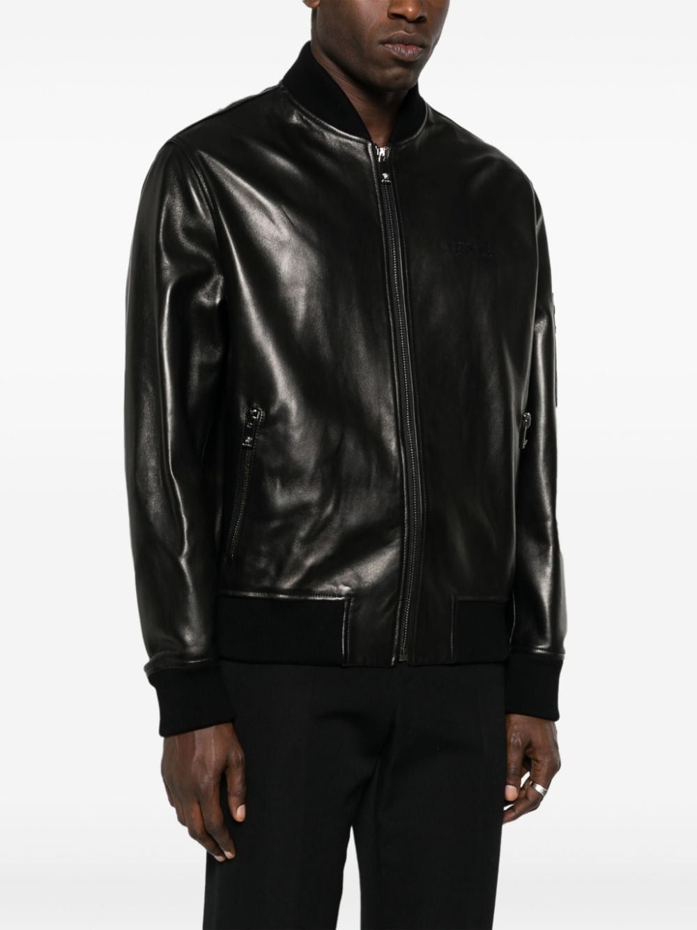 VERSACE Men's Black Leather Bomber Jacket for SS24