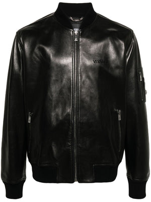 VERSACE Men's Black Leather Bomber Jacket for SS24