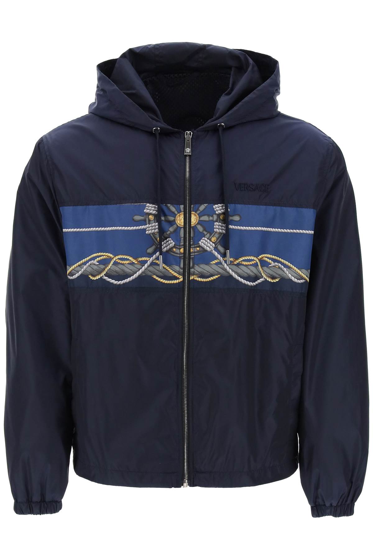 Nautical Nylon Windbreaker with Adjustable Hood and Embroidered Logo Detail