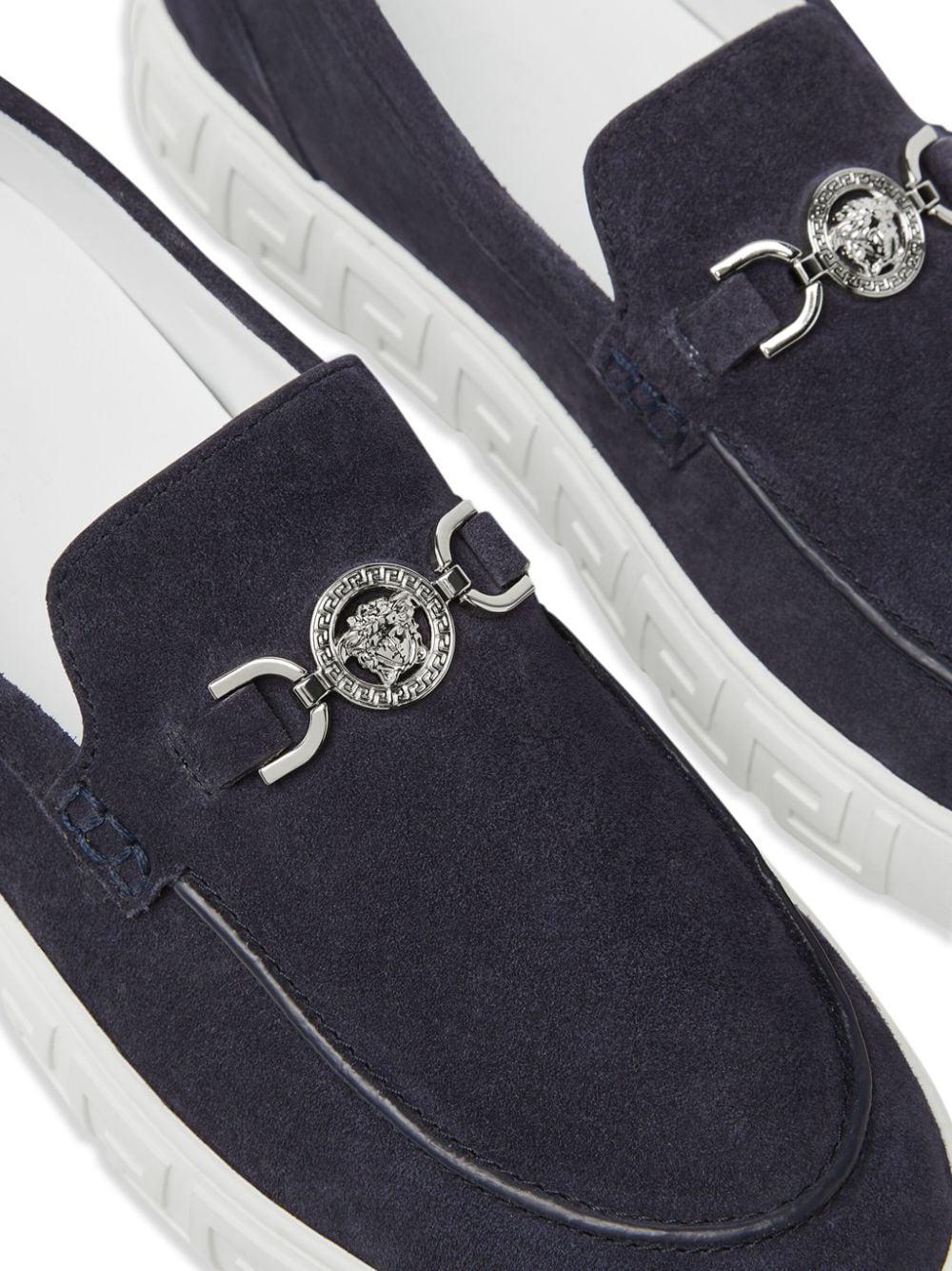 VERSACE Navy Palm Luxury Suede Moccasin