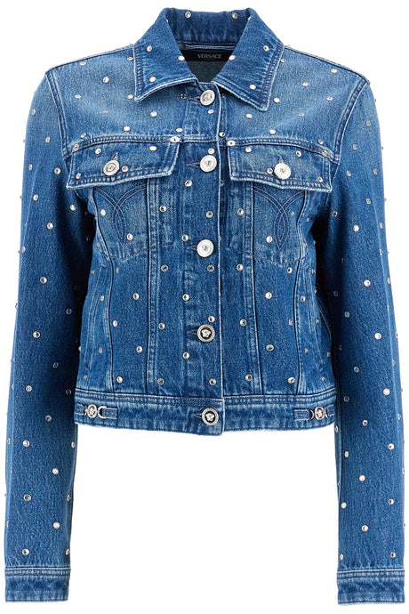 VERSACE Slim Fit Distressed Denim Jacket with Crystal Embellishments