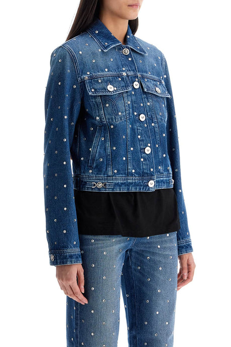 VERSACE Slim Fit Distressed Denim Jacket with Crystal Embellishments