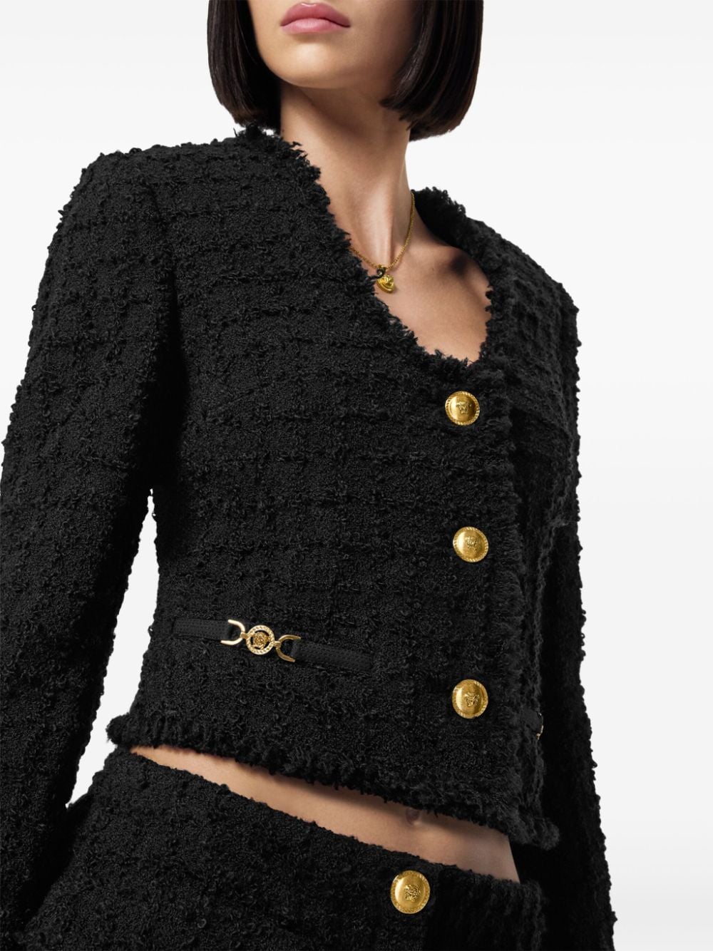 VERSACE Cropped Bouclé Tweed Jacket with Medusa Head Details