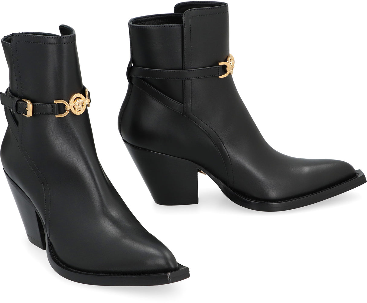 VERSACE Luxe Pointed-Toe Leather Ankle Boots