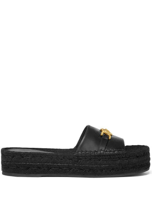 VERSACE Elegant Black Calf Leather Flat Sandals