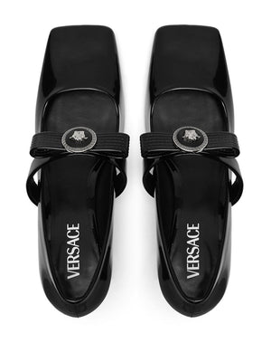 VERSACE Elegant Patent Leather Slip-On Pumps with Bow Detailing