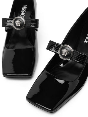 VERSACE Elegant Patent Leather Slip-On Pumps with Bow Detailing