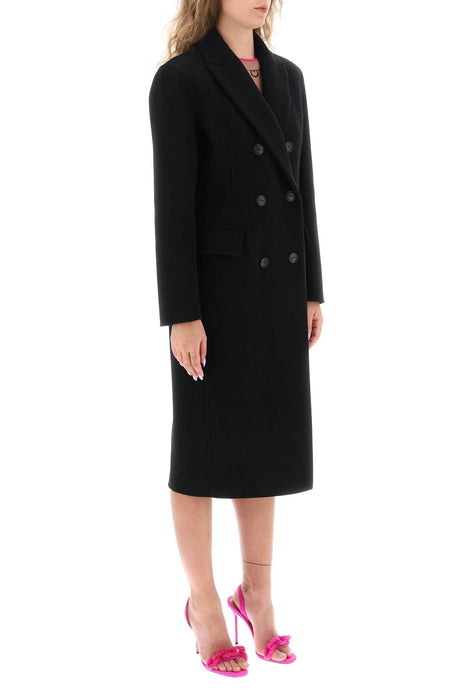 女士秋冬黑色100%羊毛长外套 - 翻领设计，双排兔毛扣子，口袋设计