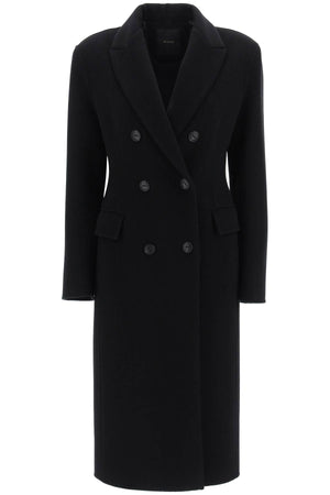 Áo khoác len dài đen cho nữ FW24 - Cổ áo lapel, cài kép phía trước, túi hộp đơn