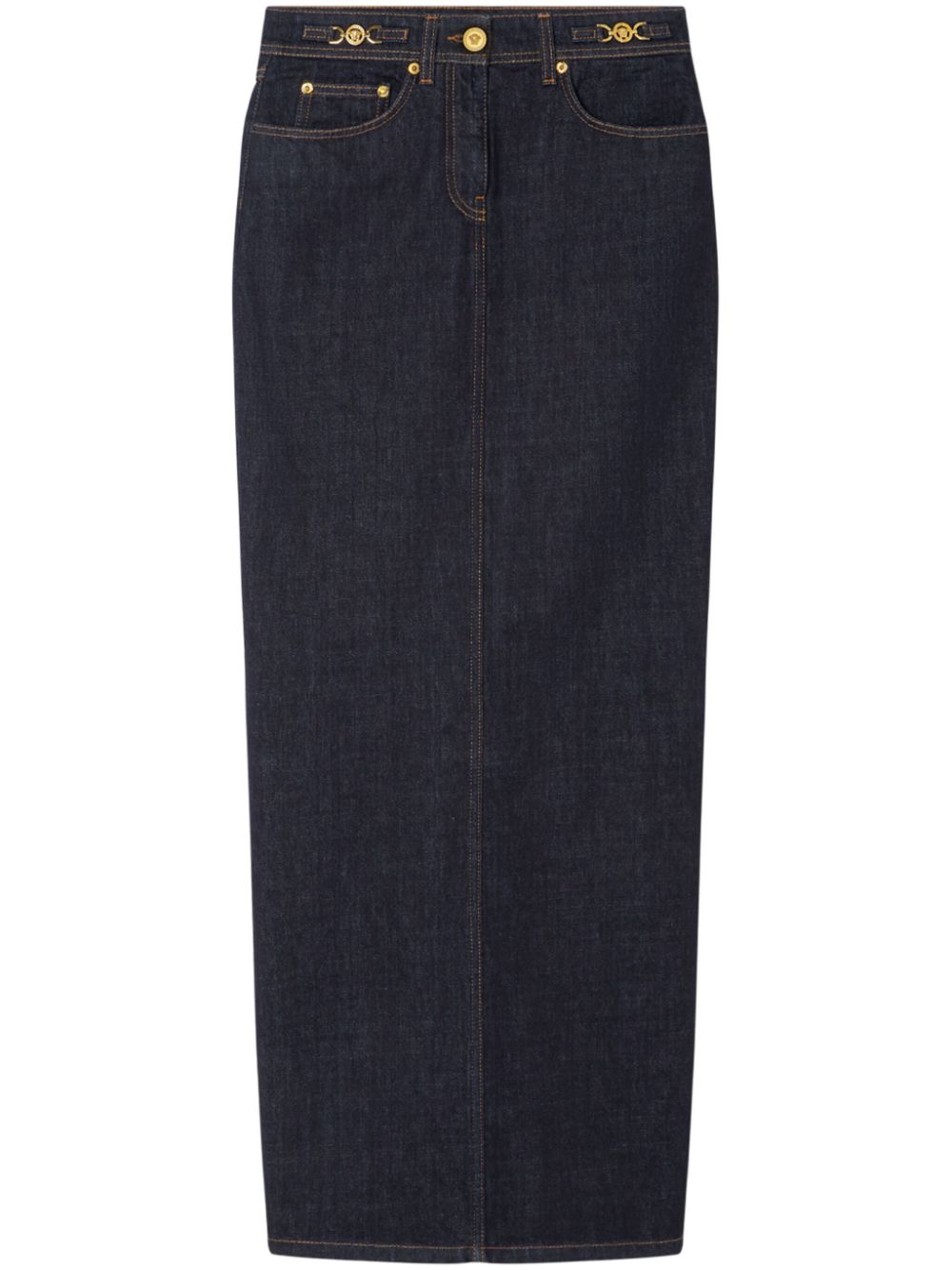 VERSACE High-Waisted Denim Long Skirt with Medusa Detail