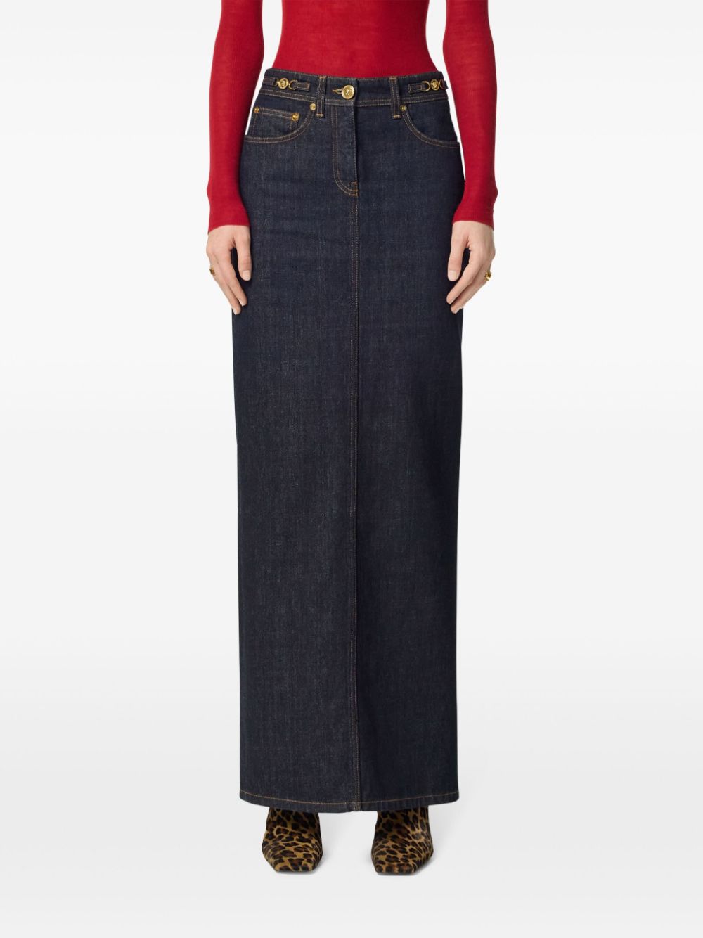 VERSACE High-Waisted Denim Long Skirt with Medusa Detail