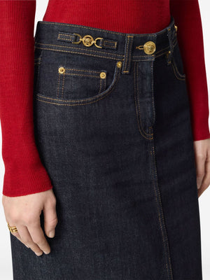 VERSACE High-Waisted Denim Long Skirt with Medusa Detail