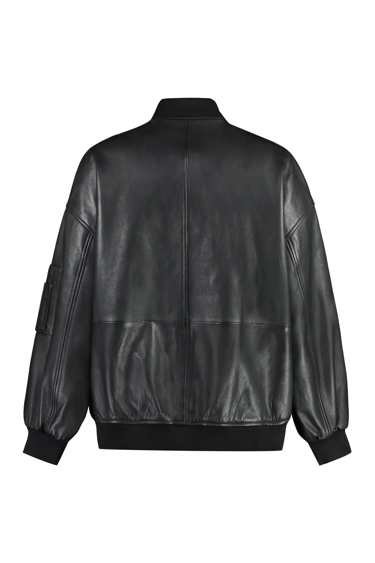 Black Leather Jacket with Zippered Pocket and Ribbed Edges