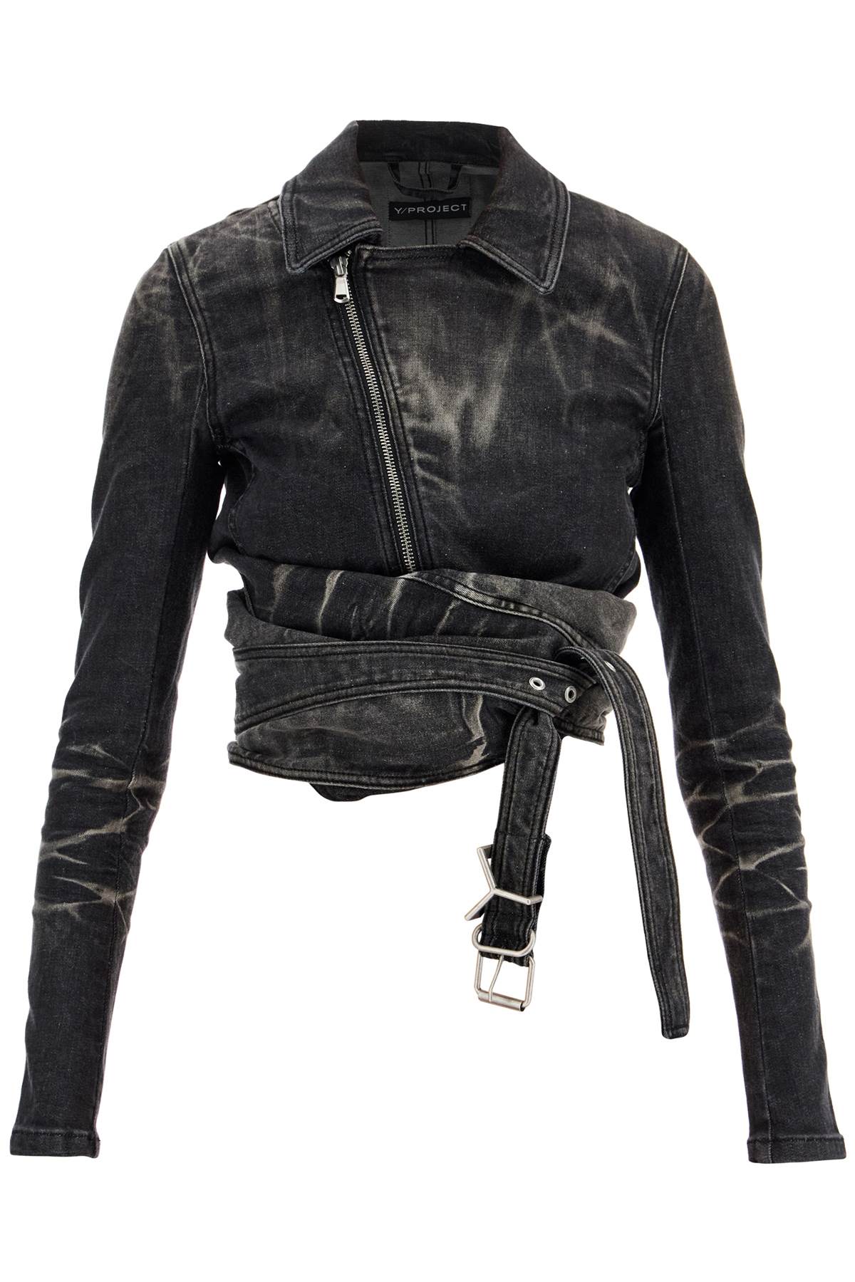 Y/PROJECT Fitted Cropped Denim Jacket with Criss-Cross Belt (S)