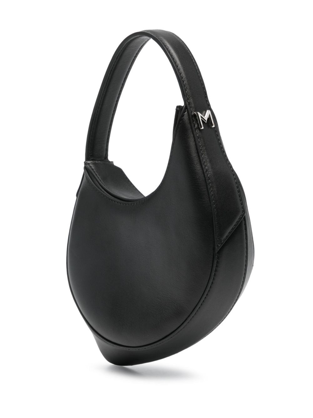 MUGLER Mini Curve Edge Black Leather Shoulder Bag with Silver Logo and Magnetic Closure