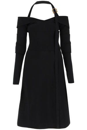 فستان أسود متوسط ​​الطول بتصميم مضلع ومشبك Gancini | ياقة منسدلة | قصة ملفوفة