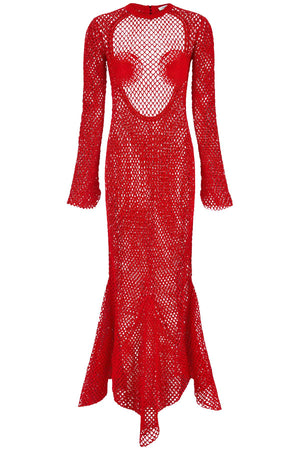 FERRAGAMO Red Fishnet Knit Maxi Dress with Open Back and Bell Sleeves for Women - FW23