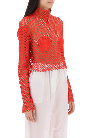 FERRAGAMO Red Fishnet Knit Stand Collar Top for Women - FW23
