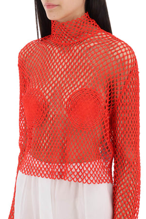 FERRAGAMO Red Fishnet Knit Stand Collar Top for Women - FW23