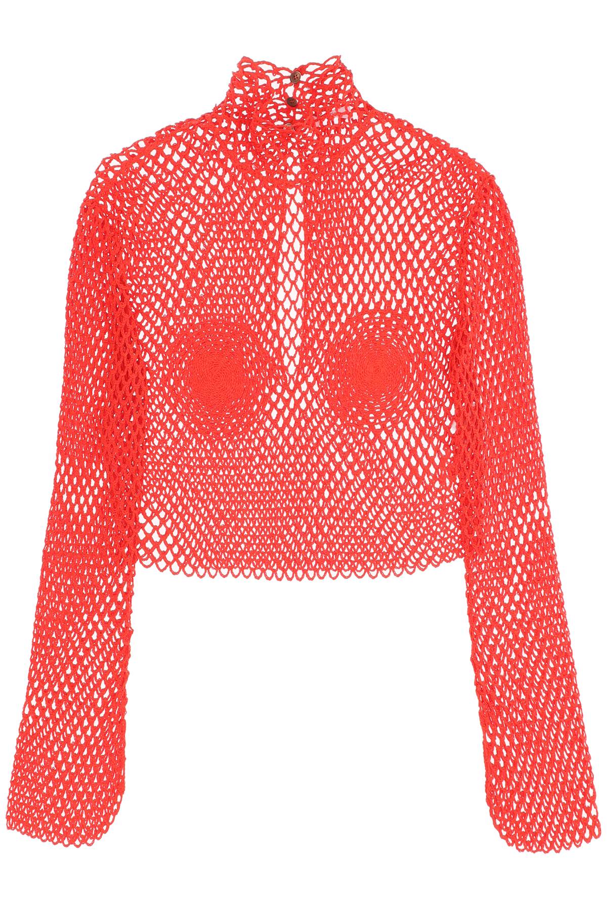 FERRAGAMO Red Fishnet Knit Stand Collar Top for Women - FW23