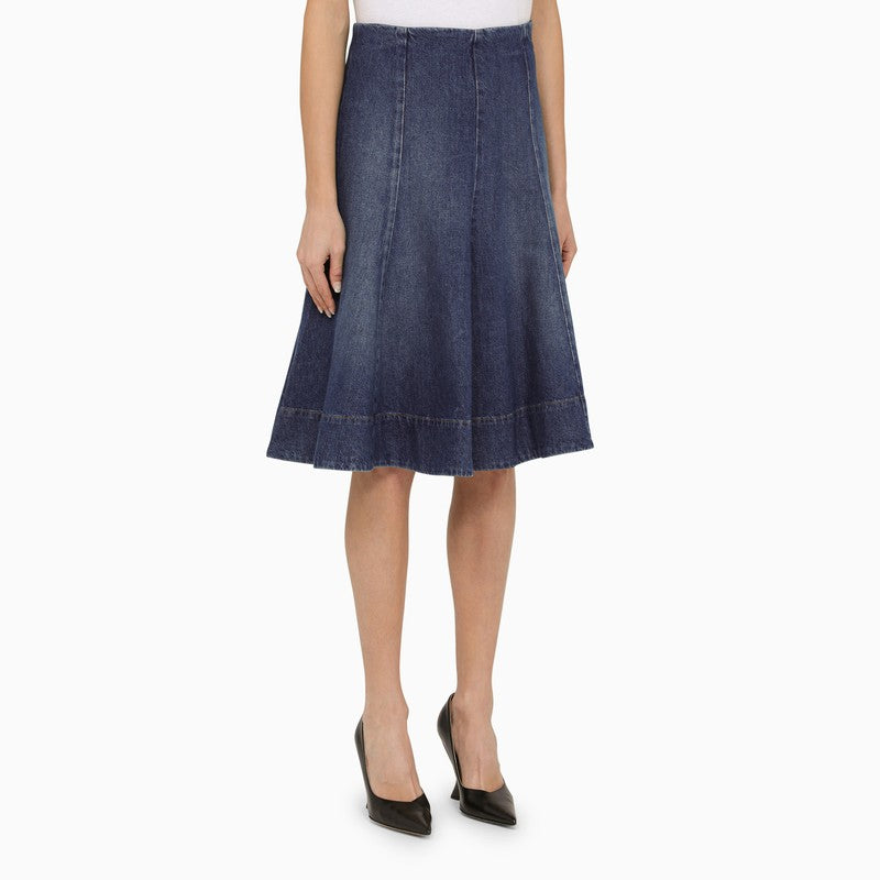 KHAITE Blue Denim Skirt with Flounced Hem and Side Zip Fastening