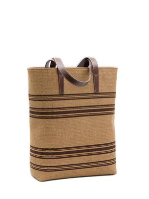 SS24年度MUSEUM手提袋-男式米色和棕色草藤效應布料