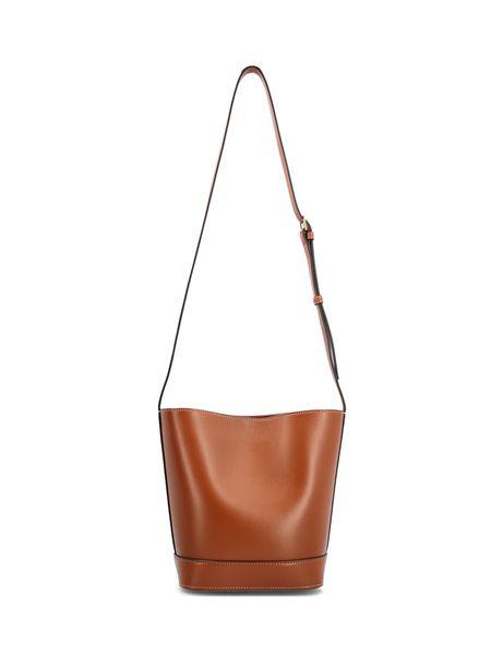 CELINE Triomphe Embossed Mini Bucket Bag in Tan Calfskin with Suede Lining, Adjustable Strap - 17x22x10cm