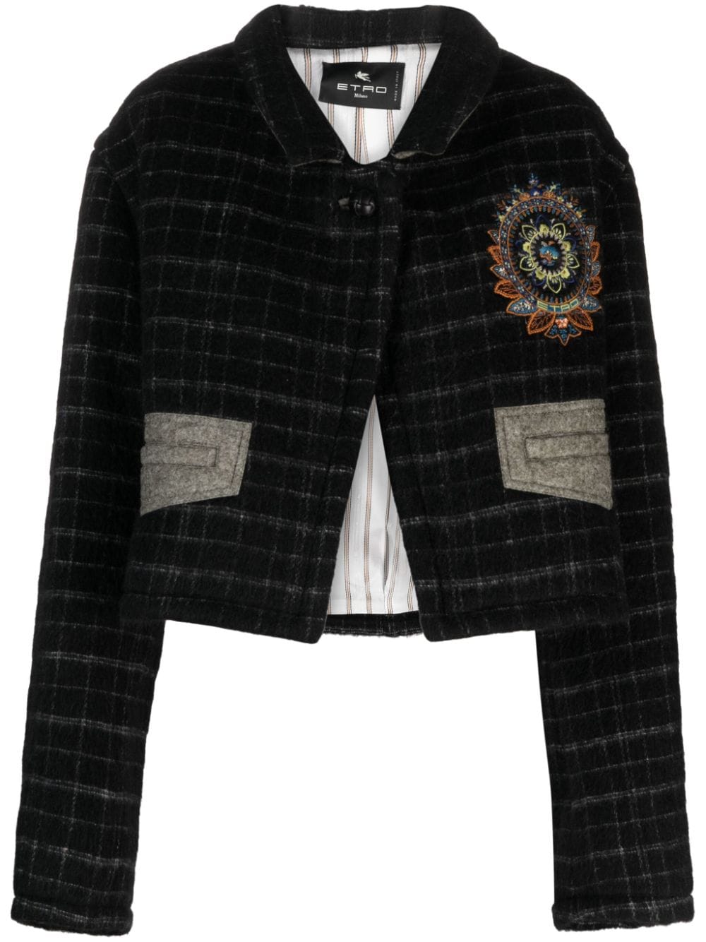 Áo khoác dài họa tiết hoa làm tắc kè (Cropped Jacket) dành cho nữ, đường dệt đen từ hỗn hợp len