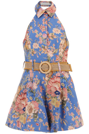 Floral Print Linen Halter Playsuit with Waist Belt