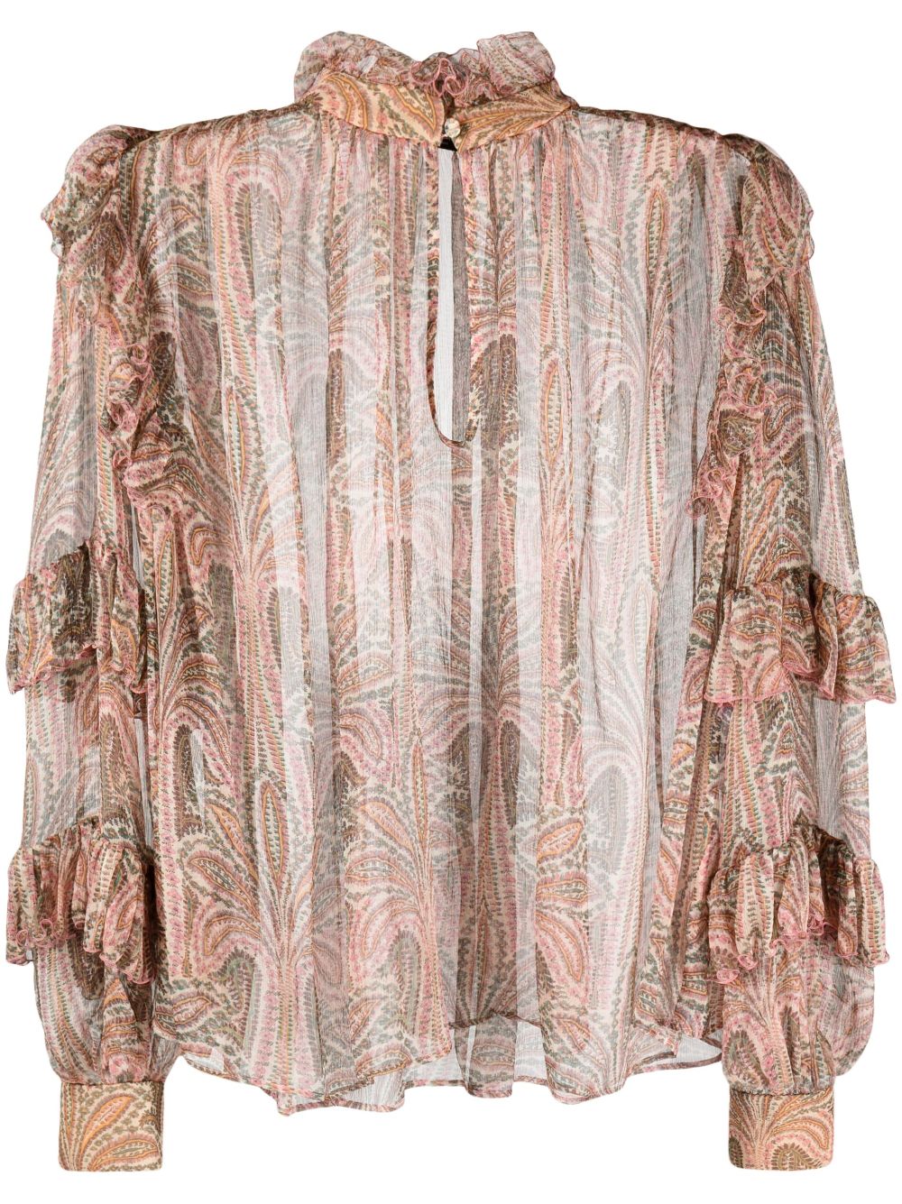 Multicolor Paisley-Print Ruffled Silk Blouse for Women