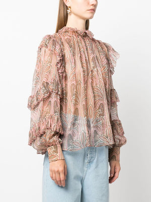 Multicolor Paisley-Print Ruffled Silk Blouse for Women