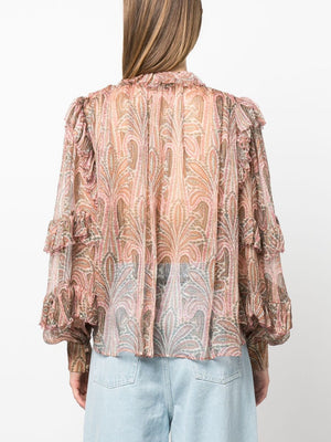 ETRO Turquoise Paisley Print Ruffled Silk Top for Women